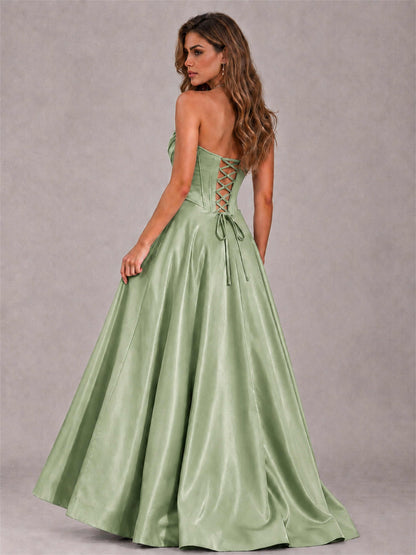 Strapless Corset Formal Dress Lace Applique High Slit Satin Prom Gown