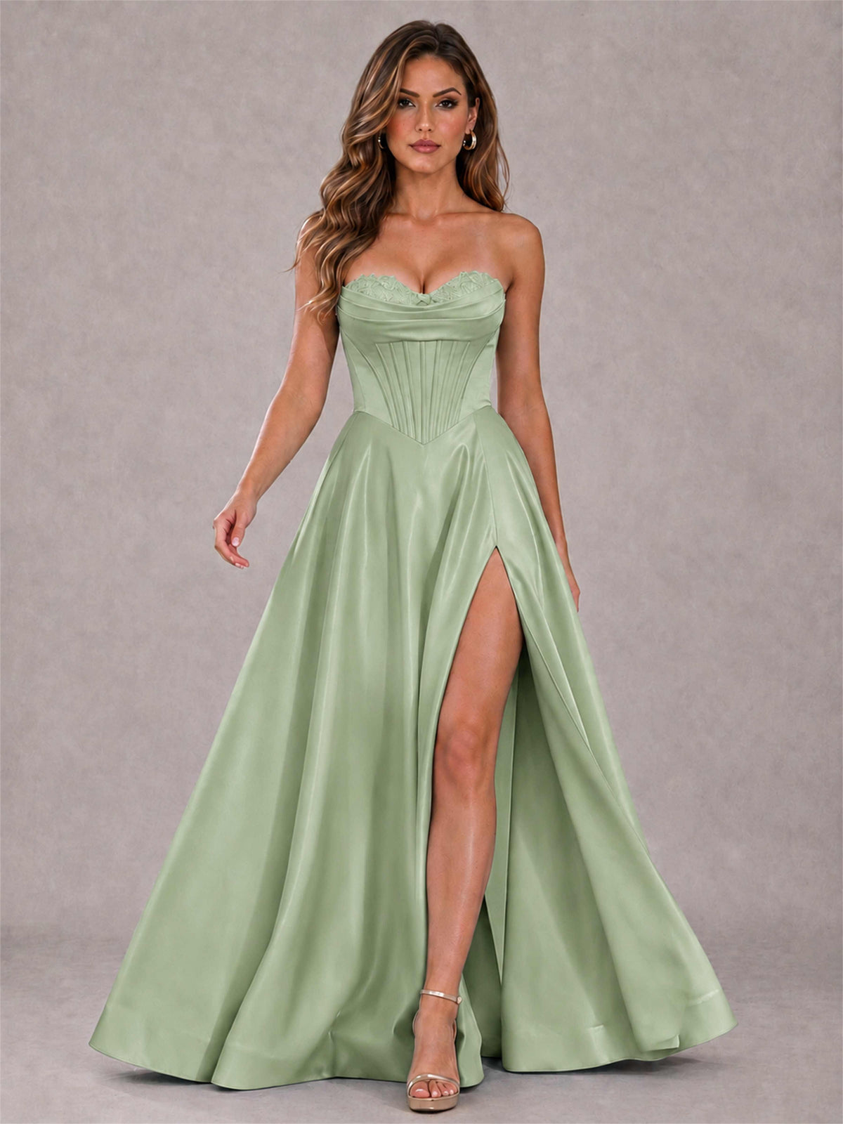 Strapless Corset Formal Dress Lace Applique High Slit Satin Prom Gown