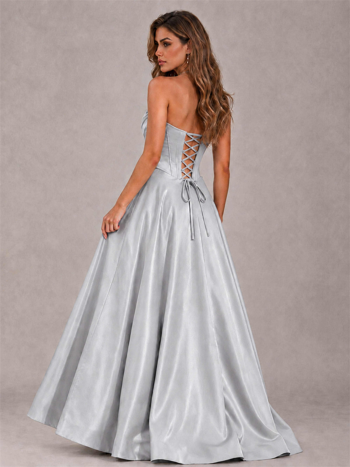Strapless Corset Formal Dress Lace Applique High Slit Satin Prom Gown