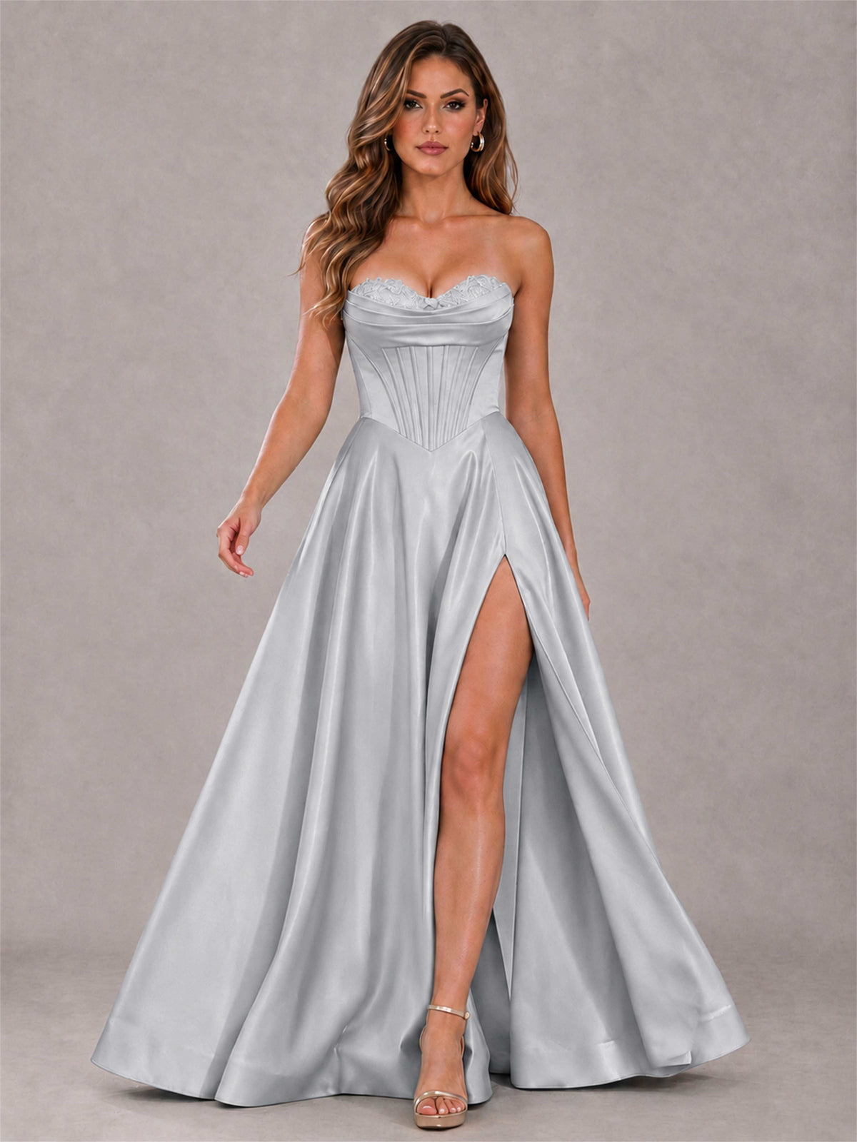 Strapless Corset Formal Dress Lace Applique High Slit Satin Prom Gown