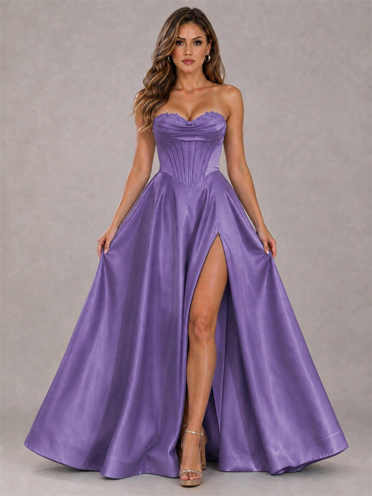 Strapless Corset Formal Dress Lace Applique High Slit Satin Prom Gown