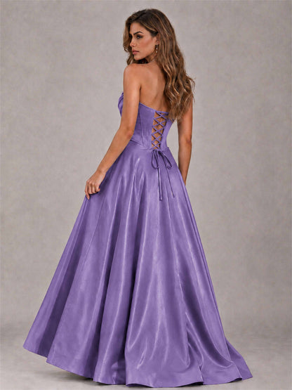 Strapless Corset Formal Dress Lace Applique High Slit Satin Prom Gown