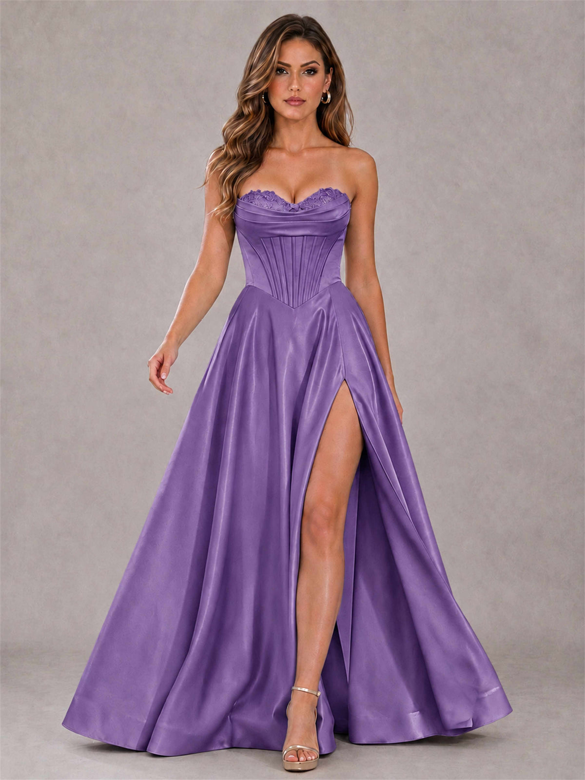 Strapless Corset Formal Dress Lace Applique High Slit Satin Prom Gown