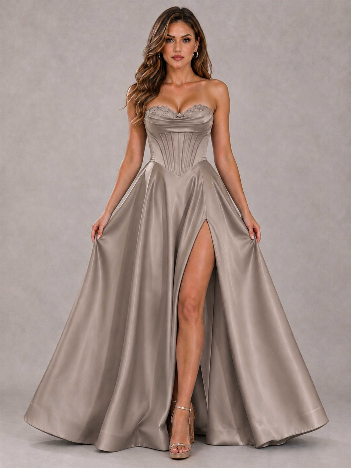 Strapless Corset Formal Dress Lace Applique High Slit Satin Prom Gown