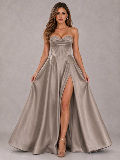 Strapless Corset Formal Dress Lace Applique High Slit Satin Prom Gown