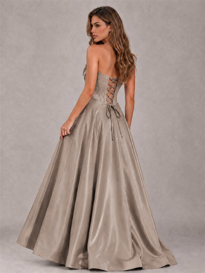 Strapless Corset Formal Dress Lace Applique High Slit Satin Prom Gown