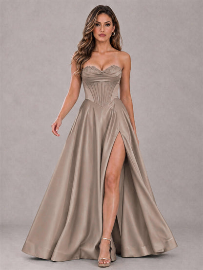 Strapless Corset Formal Dress Lace Applique High Slit Satin Prom Gown