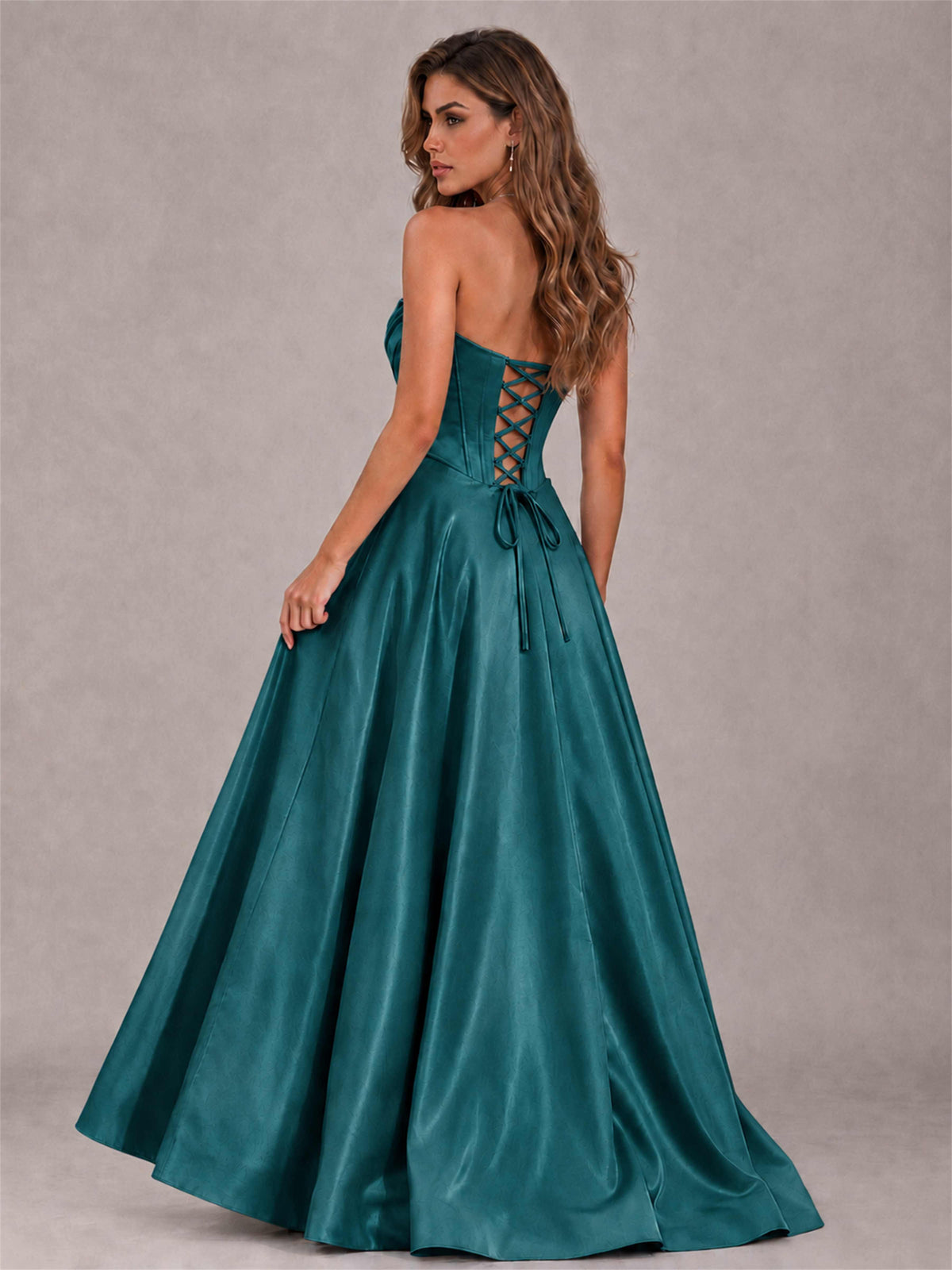 Strapless Corset Formal Dress Lace Applique High Slit Satin Prom Gown