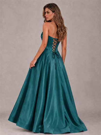 Strapless Corset Formal Dress Lace Applique High Slit Satin Prom Gown