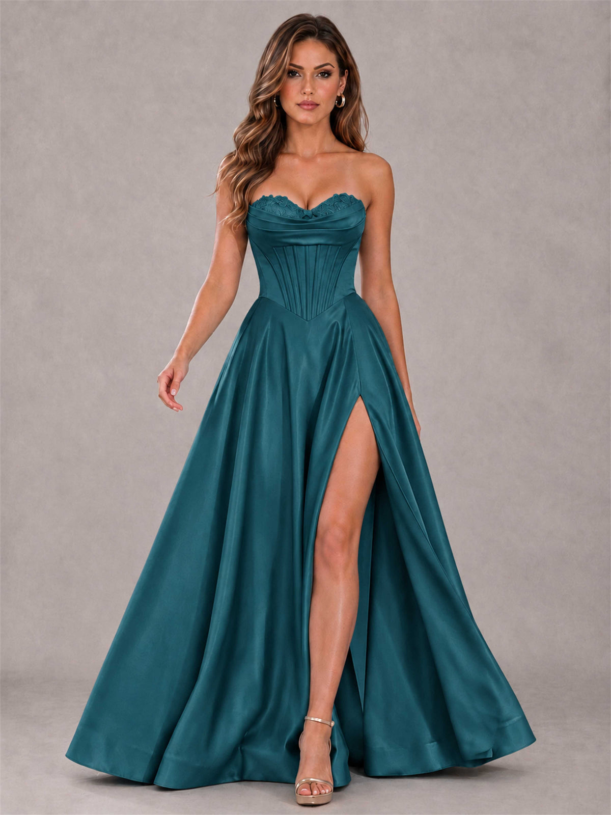 Strapless Corset Formal Dress Lace Applique High Slit Satin Prom Gown