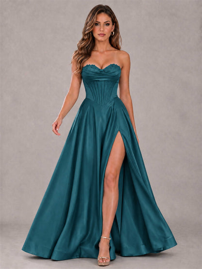 Strapless Corset Formal Dress Lace Applique High Slit Satin Prom Gown