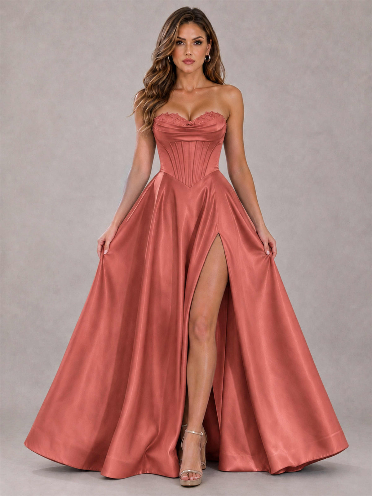 Strapless Corset Formal Dress Lace Applique High Slit Satin Prom Gown