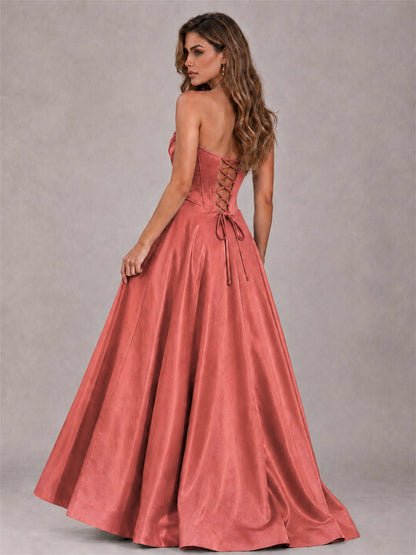Strapless Corset Formal Dress Lace Applique High Slit Satin Prom Gown