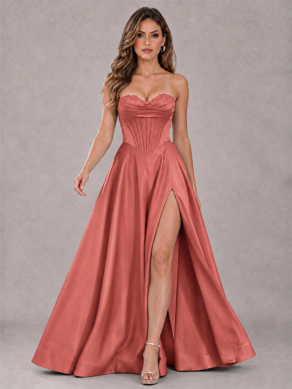 Strapless Corset Formal Dress Lace Applique High Slit Satin Prom Gown
