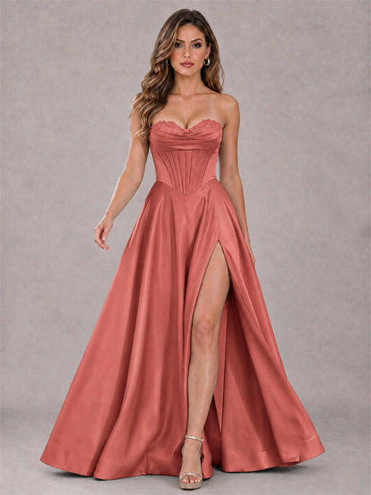 Strapless Corset Formal Dress Lace Applique High Slit Satin Prom Gown