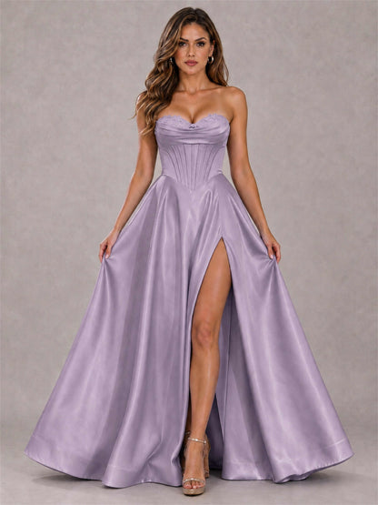 Strapless Corset Formal Dress Lace Applique High Slit Satin Prom Gown