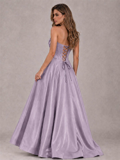 Strapless Corset Formal Dress Lace Applique High Slit Satin Prom Gown