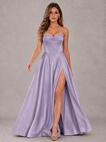 Strapless Corset Formal Dress Lace Applique High Slit Satin Prom Gown