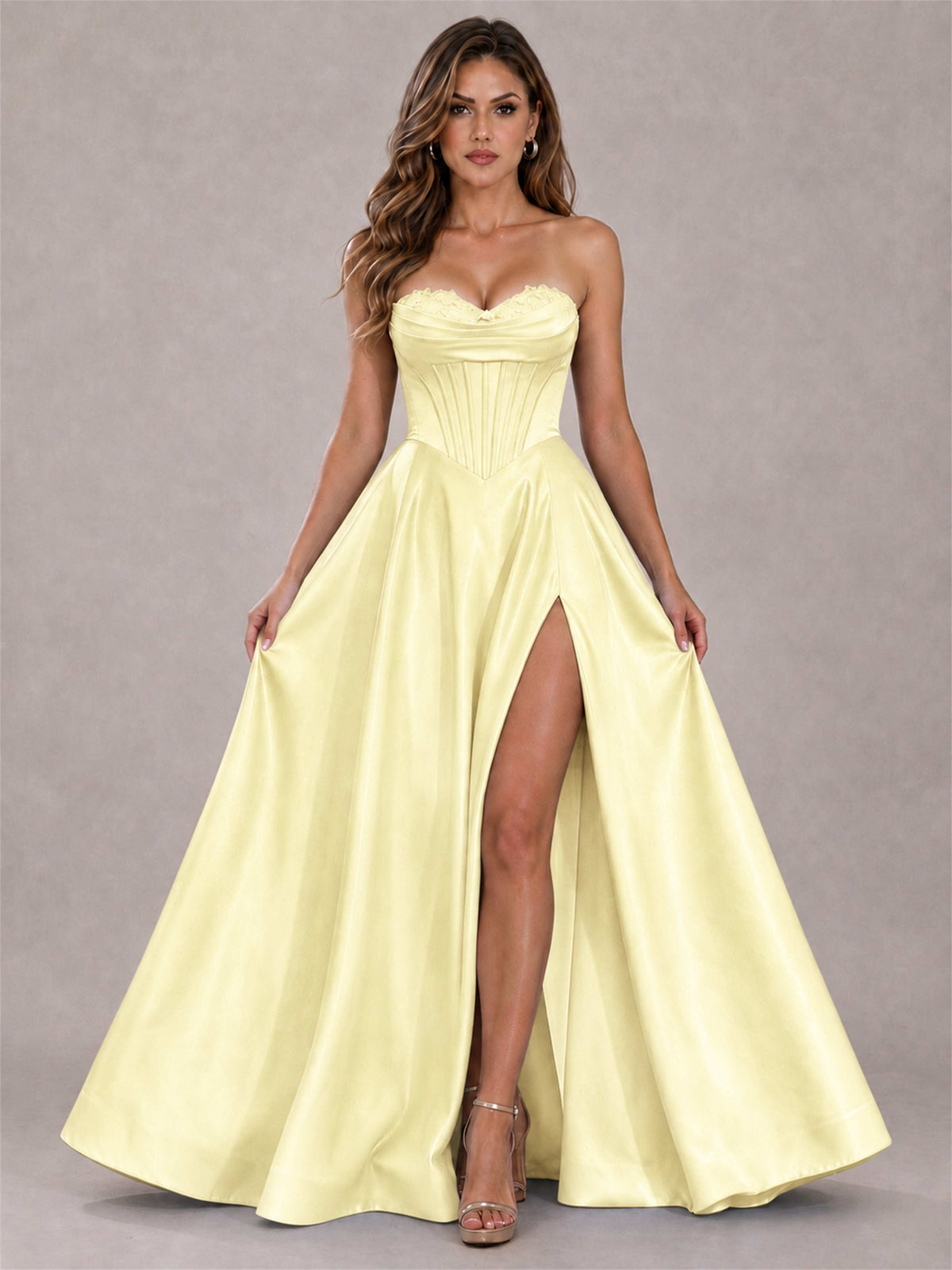 Strapless Corset Formal Dress Lace Applique High Slit Satin Prom Gown