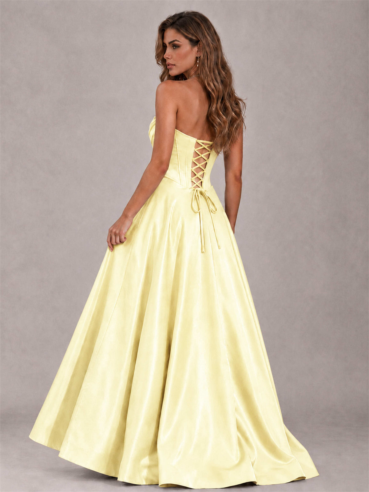 Strapless Corset Formal Dress Lace Applique High Slit Satin Prom Gown