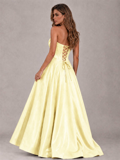 Strapless Corset Formal Dress Lace Applique High Slit Satin Prom Gown