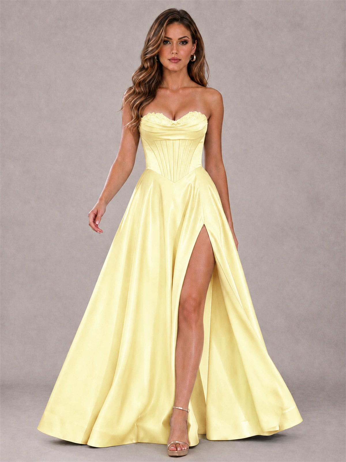 Strapless Corset Formal Dress Lace Applique High Slit Satin Prom Gown