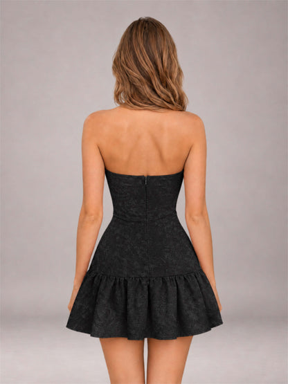 Black Strapless Jacquard Satin Mini Homecoming Dress with Bow Detail