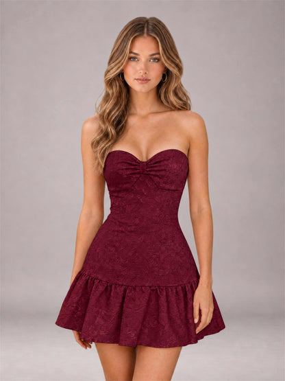 Burgundy Strapless Jacquard Satin Mini Homecoming Dress with Bow Detail