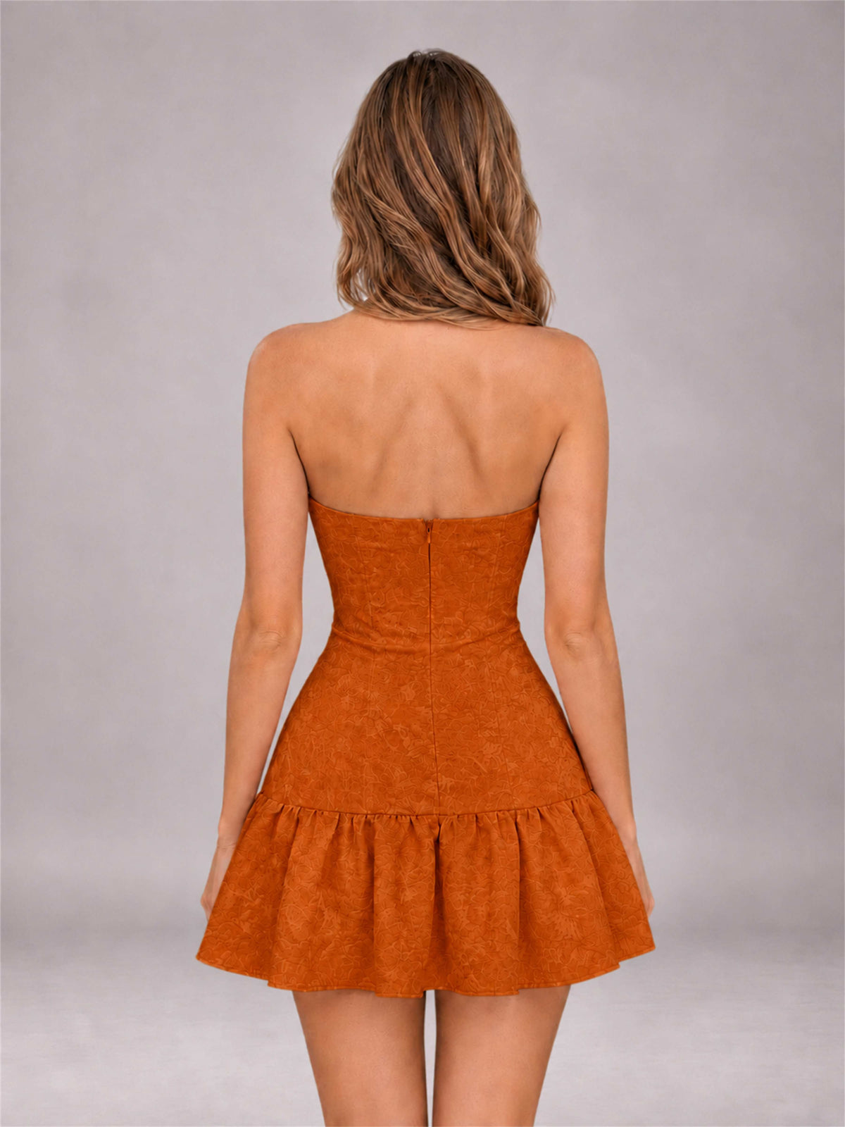Burnt Orange Strapless Jacquard Satin Mini Homecoming Dress with Bow Detail