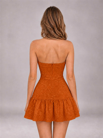 Burnt Orange Strapless Jacquard Satin Mini Homecoming Dress with Bow Detail