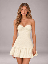 Strapless Jacquard Satin Mini Homecoming Dress with Bow Detail