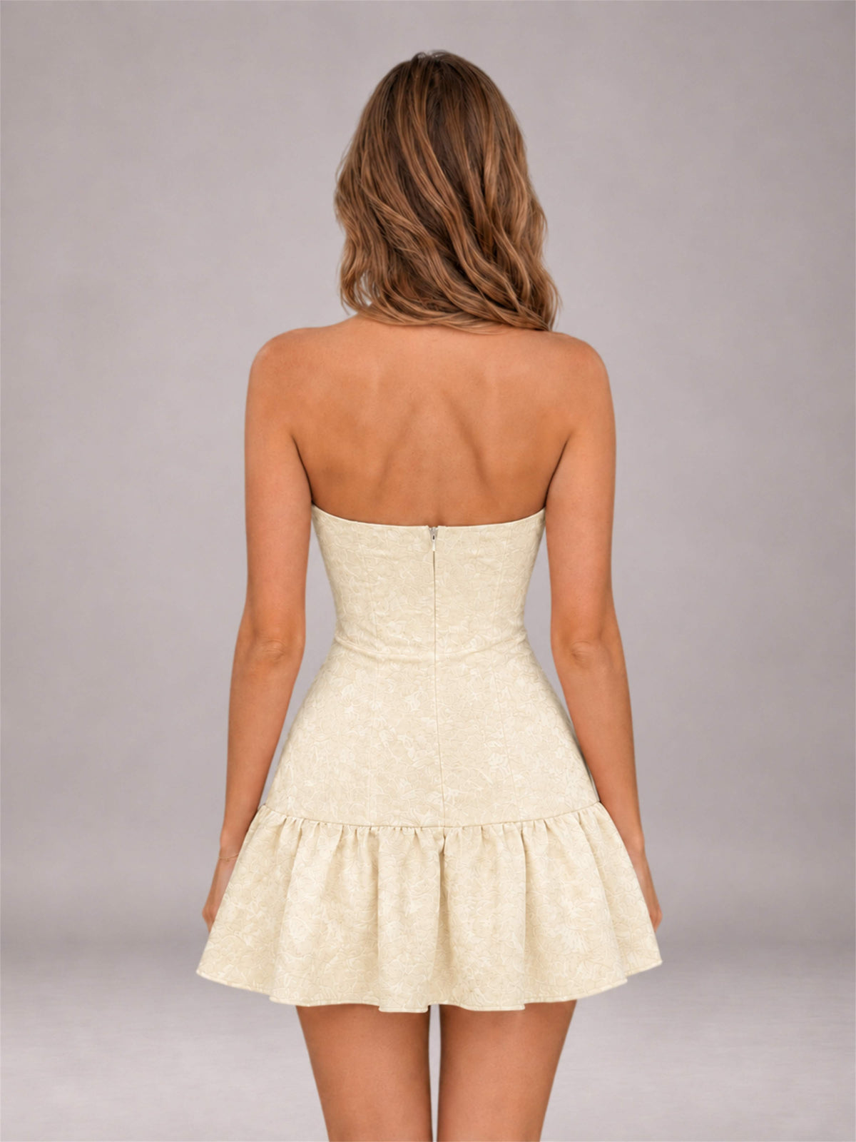 Champagne Strapless Jacquard Satin Mini Homecoming Dress with Bow Detail