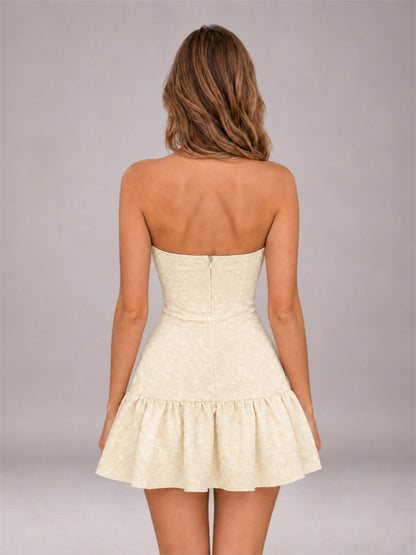Champagne Strapless Jacquard Satin Mini Homecoming Dress with Bow Detail