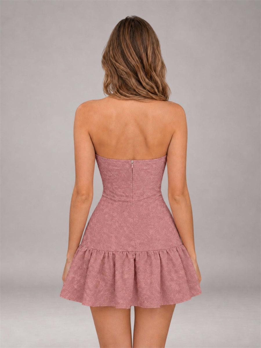 Dusty Rose Strapless Jacquard Satin Mini Homecoming Dress with Bow Detail