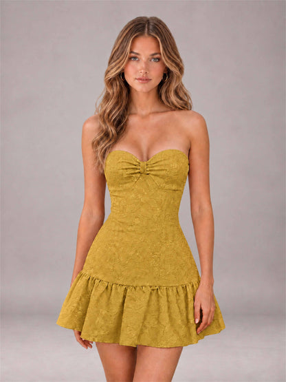 Gold Strapless Jacquard Satin Mini Homecoming Dress with Bow Detail