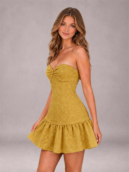 Gold Strapless Jacquard Satin Mini Homecoming Dress with Bow Detail