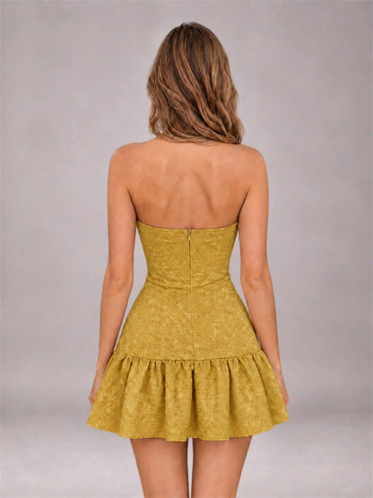 Gold Strapless Jacquard Satin Mini Homecoming Dress with Bow Detail