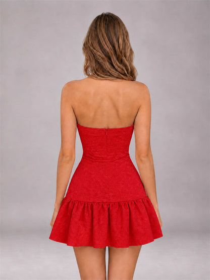 Red Strapless Jacquard Satin Mini Homecoming Dress with Bow Detail