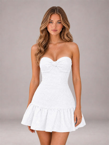 White Strapless Jacquard Satin Mini Homecoming Dress with Bow Detail