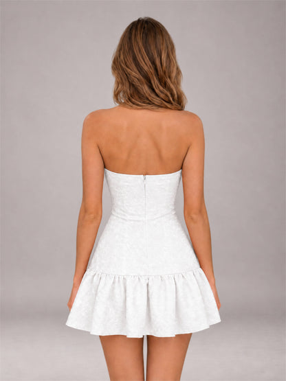 White Strapless Jacquard Satin Mini Homecoming Dress with Bow Detail