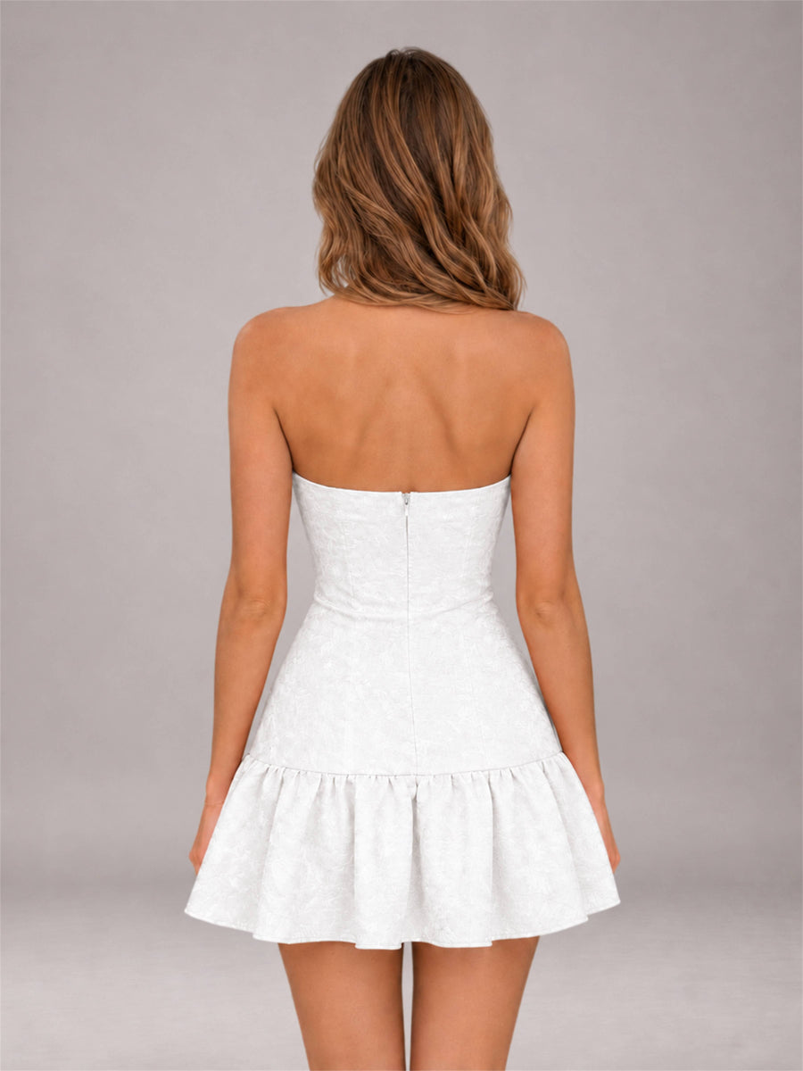 White Strapless Jacquard Satin Mini Homecoming Dress with Bow Detail