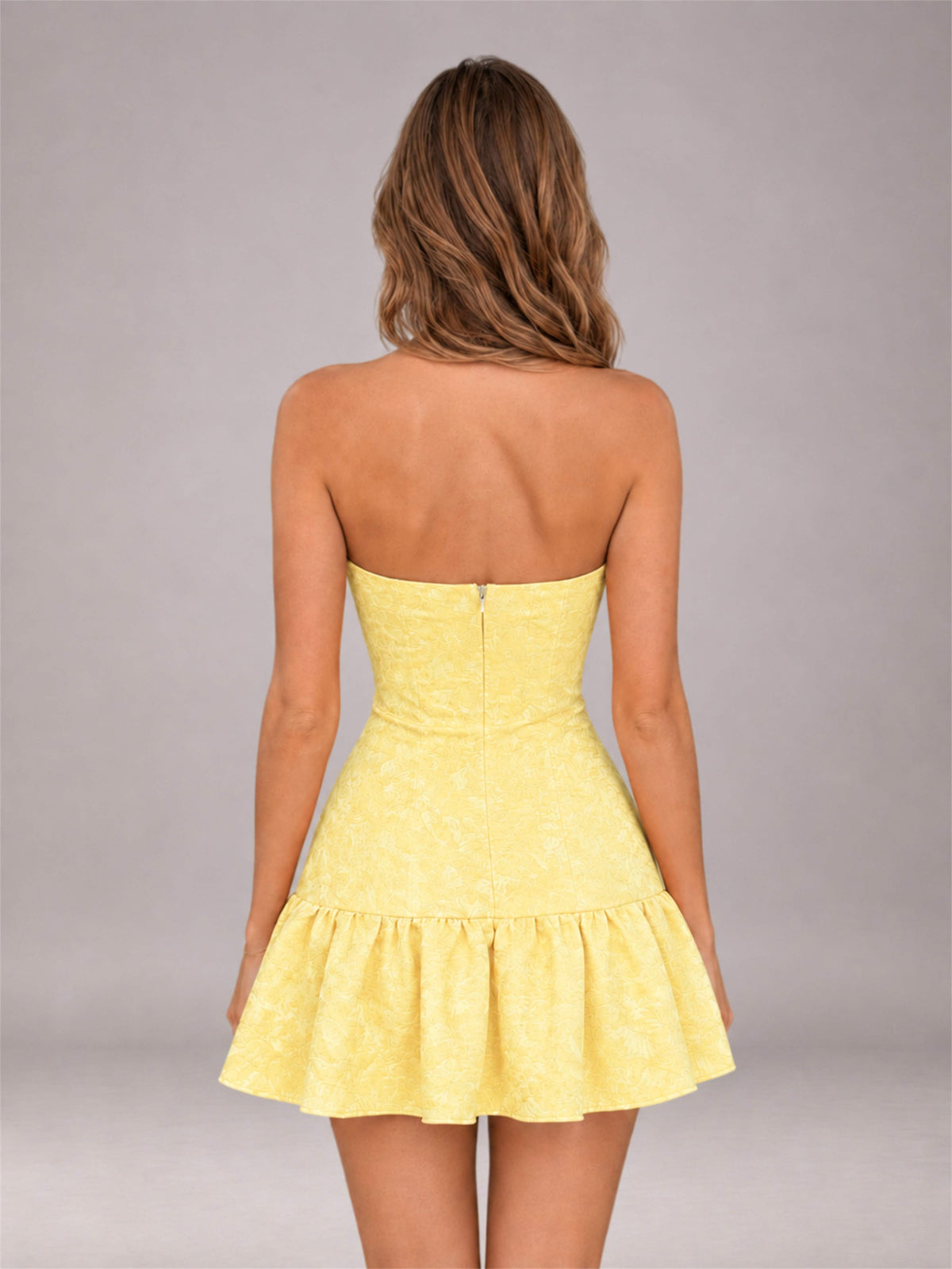 Yellow Strapless Jacquard Satin Mini Homecoming Dress with Bow Detail