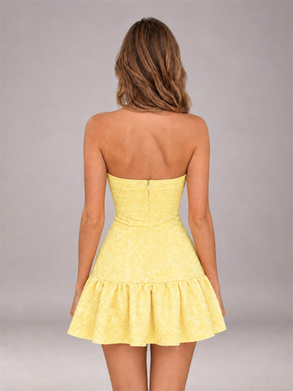 Yellow Strapless Jacquard Satin Mini Homecoming Dress with Bow Detail