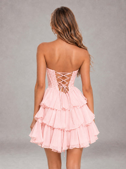 Blush Pink Strapless Lace Corset Tiered Ruffle Mini Homecoming Dress with Lace-Up Back