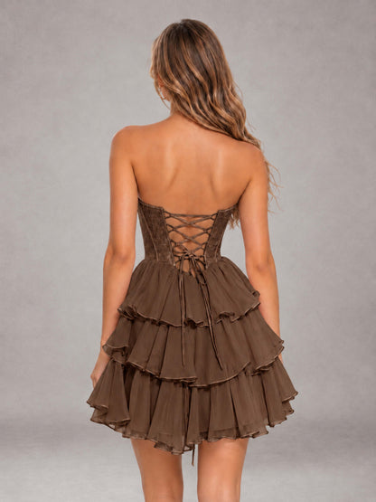 Brown Strapless Lace Corset Tiered Ruffle Mini Homecoming Dress with Lace-Up Back