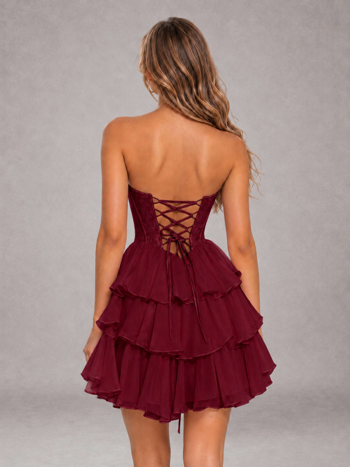 Burgundy Strapless Lace Corset Tiered Ruffle Mini Homecoming Dress with Lace-Up Back