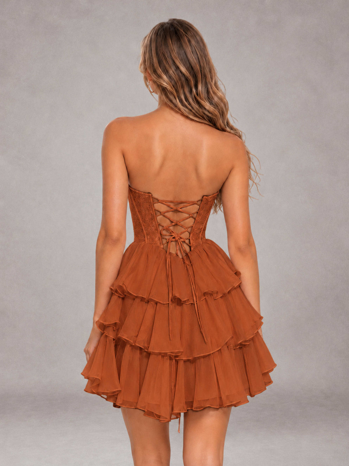 Burnt Orange Strapless Lace Corset Tiered Ruffle Mini Homecoming Dress with Lace-Up Back