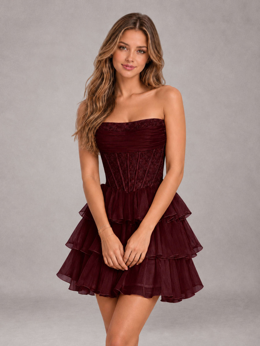 Cabernet Strapless Lace Corset Tiered Ruffle Mini Homecoming Dress with Lace-Up Back