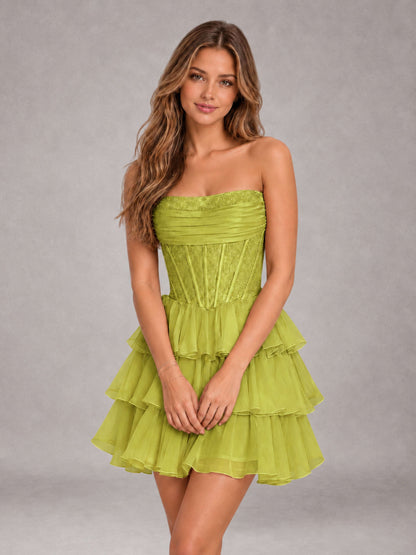 Chartreuse Strapless Lace Corset Tiered Ruffle Mini Homecoming Dress with Lace-Up Back