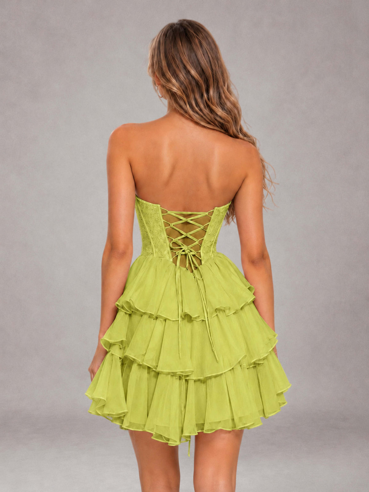 Chartreuse Strapless Lace Corset Tiered Ruffle Mini Homecoming Dress with Lace-Up Back